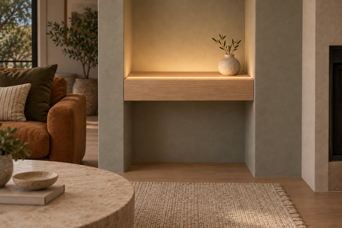 Gentry Stinson Rift White Oak Floating Shelf | 18″ long × 4″ thick | Wall to Wall | Unfinished | LED Light Ready — Top Front LED location, rendering with separately supplied LED tape installed