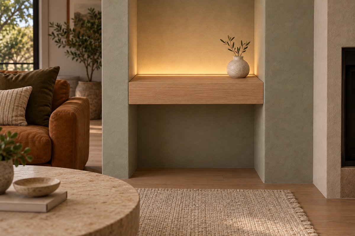 Gentry Stinson Rift White Oak Floating Shelf | 18″ long × 4″ thick | Wall to Wall | Unfinished | LED Light Ready — Top Rear LED location, rendering with separately supplied LED tape installed