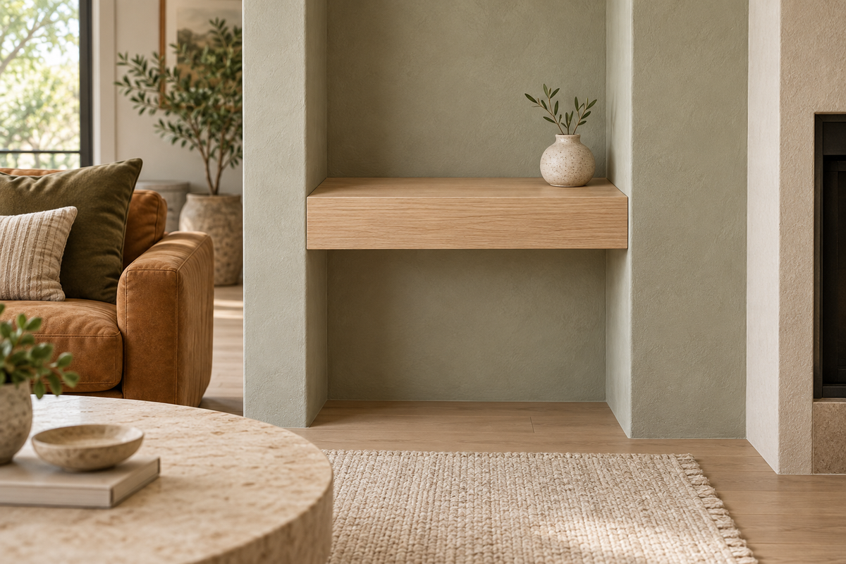 Gentry Stinson Rift White Oak Floating Shelf | 18″ × 10″ × 4″ | Wall to Wall | Unfinished — unlit living-room rendering