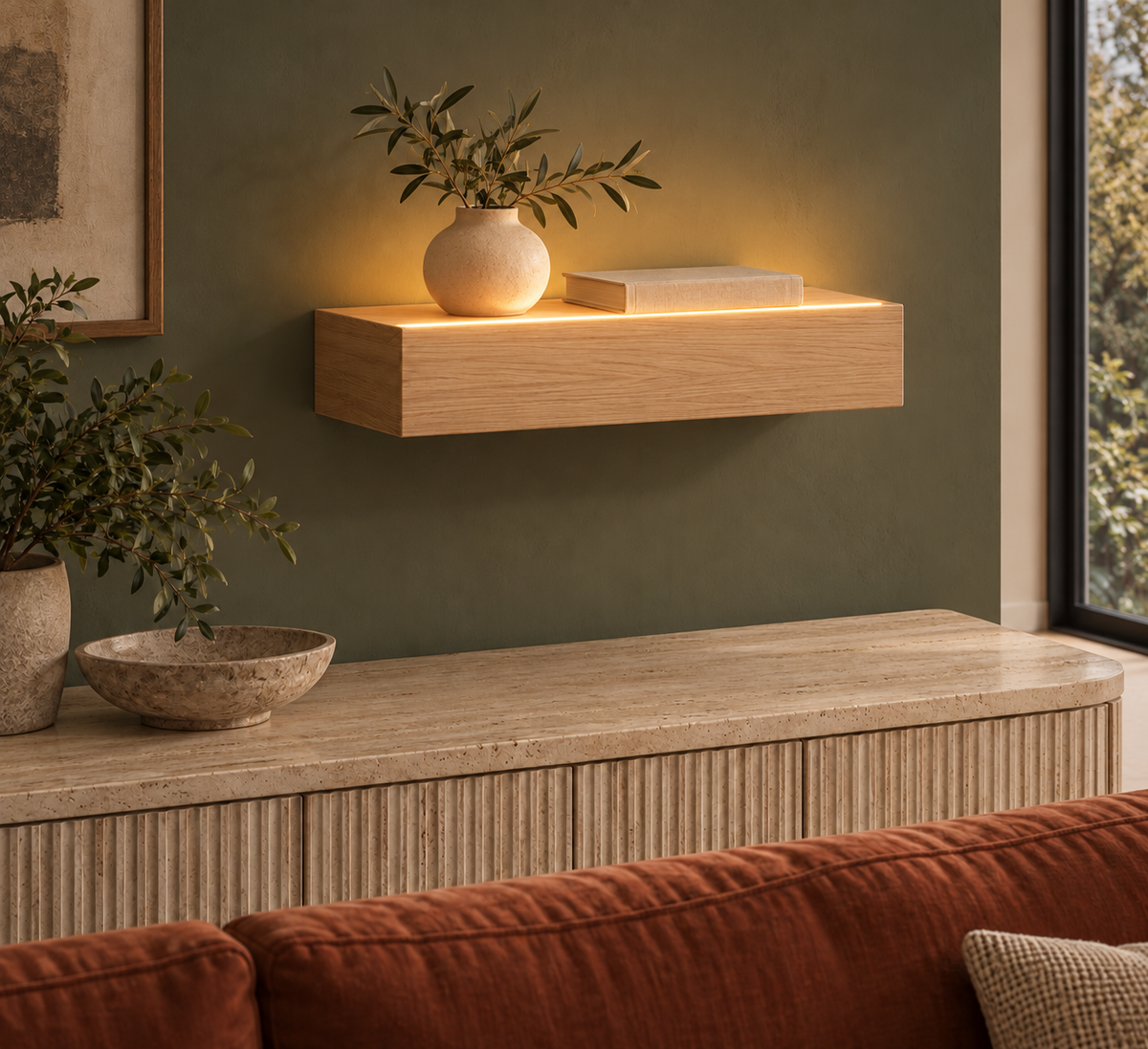 Gentry Stinson Rift White Oak Floating Shelf | 18″ × 8″ × 3″ | Standard Mount | Unfinished | LED Light Ready — Top Front LED location, rendering with separately supplied LED tape installed