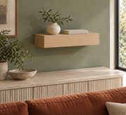 Gentry Stinson Rift White Oak Floating Shelf | 18″ × 8″ × 3″ | Standard Mount | Unfinished — unlit living-room rendering