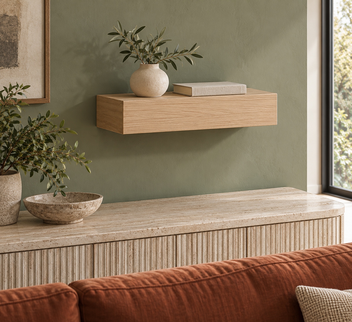 Gentry Stinson Rift White Oak Floating Shelf | 18″ × 8″ × 3″ | Standard Mount | Unfinished — unlit living-room rendering
