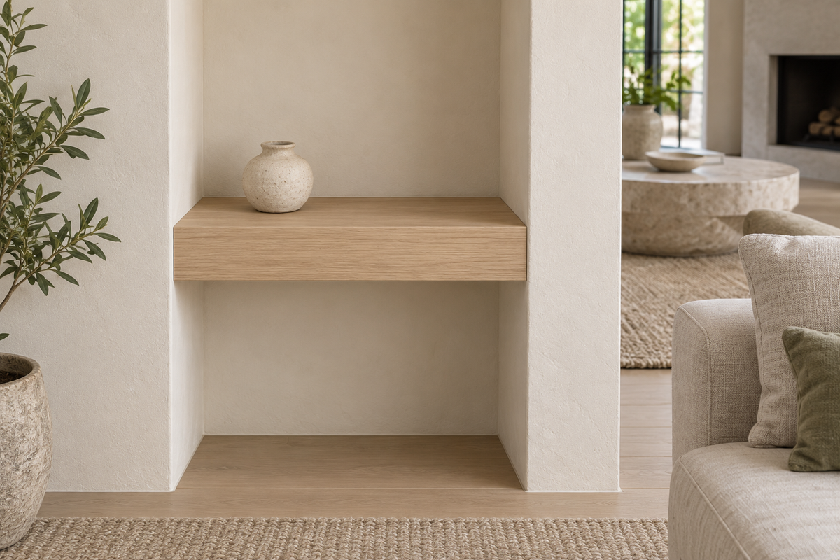 Gentry Stinson Rift White Oak Floating Shelf | 18″ × 8″ × 3″ | Wall to Wall | Unfinished — unlit living-room rendering