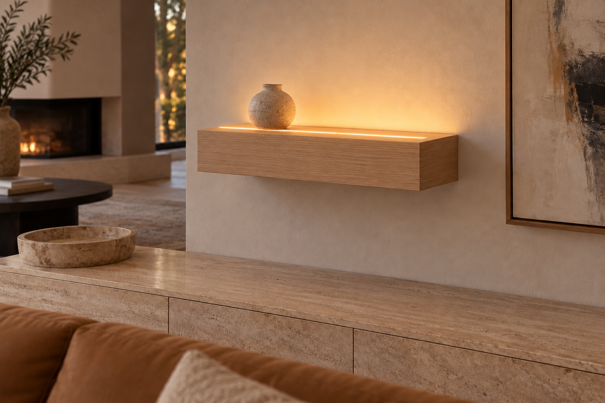 Gentry Stinson Rift White Oak Floating Shelf | 18″ × 8″ × 4″ | Standard Mount | Unfinished | LED Light Ready — Top Front LED location, rendering with separately supplied LED tape installed