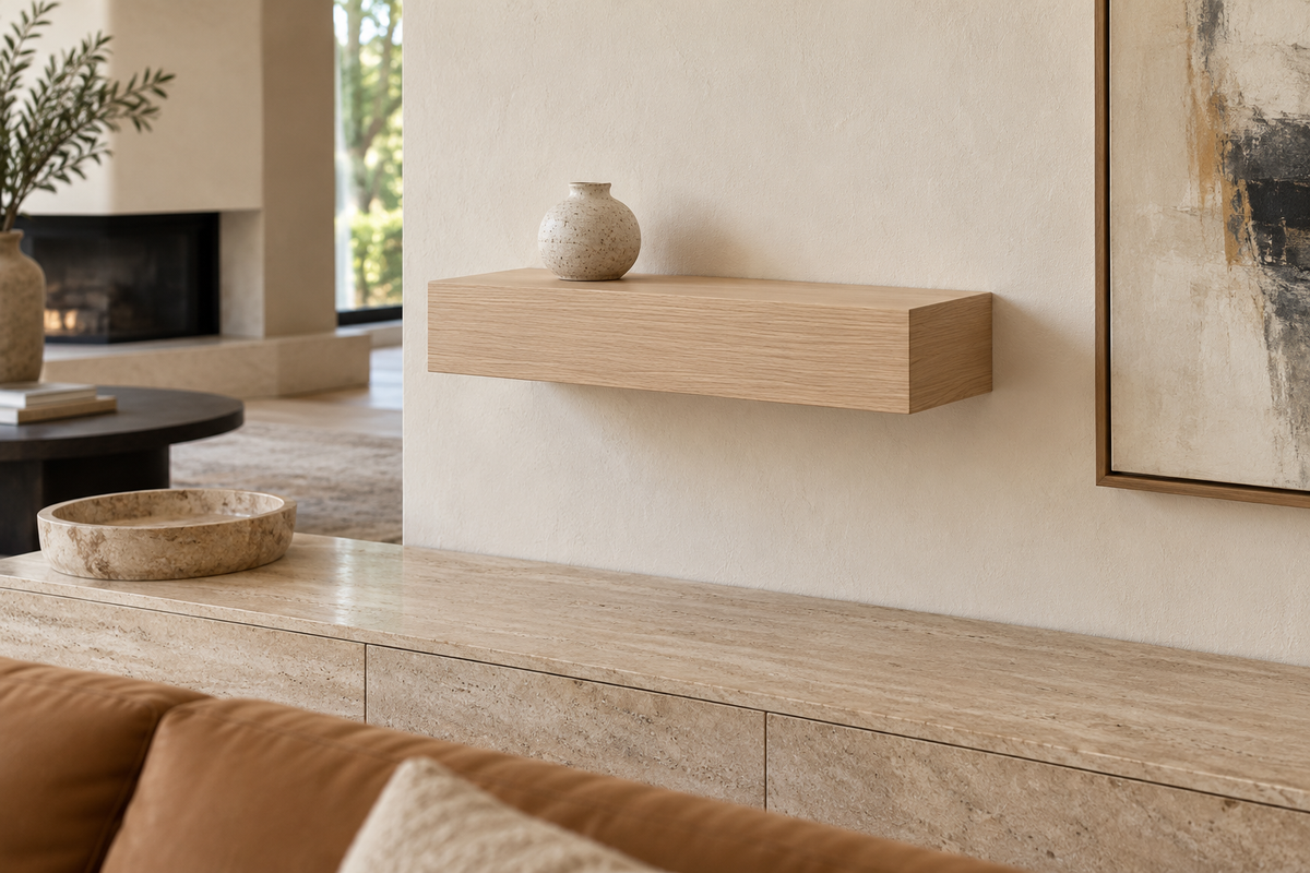 Gentry Stinson Rift White Oak Floating Shelf | 18″ × 8″ × 4″ | Standard Mount | Unfinished — unlit living-room rendering