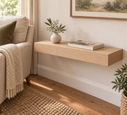 Gentry Stinson Rift White Oak Floating Shelf | 24″ × 10″ × 3″ | Standard Mount | Unfinished — unlit living-room rendering