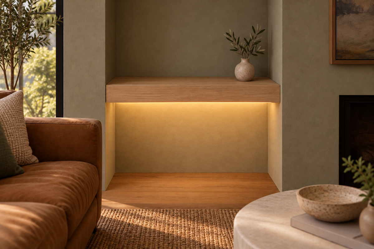 Gentry Stinson Rift White Oak Floating Shelf | 24″ long × 3″ thick | Wall to Wall | Unfinished | LED Light Ready — Bottom Front LED location, rendering with separately supplied LED tape installed
