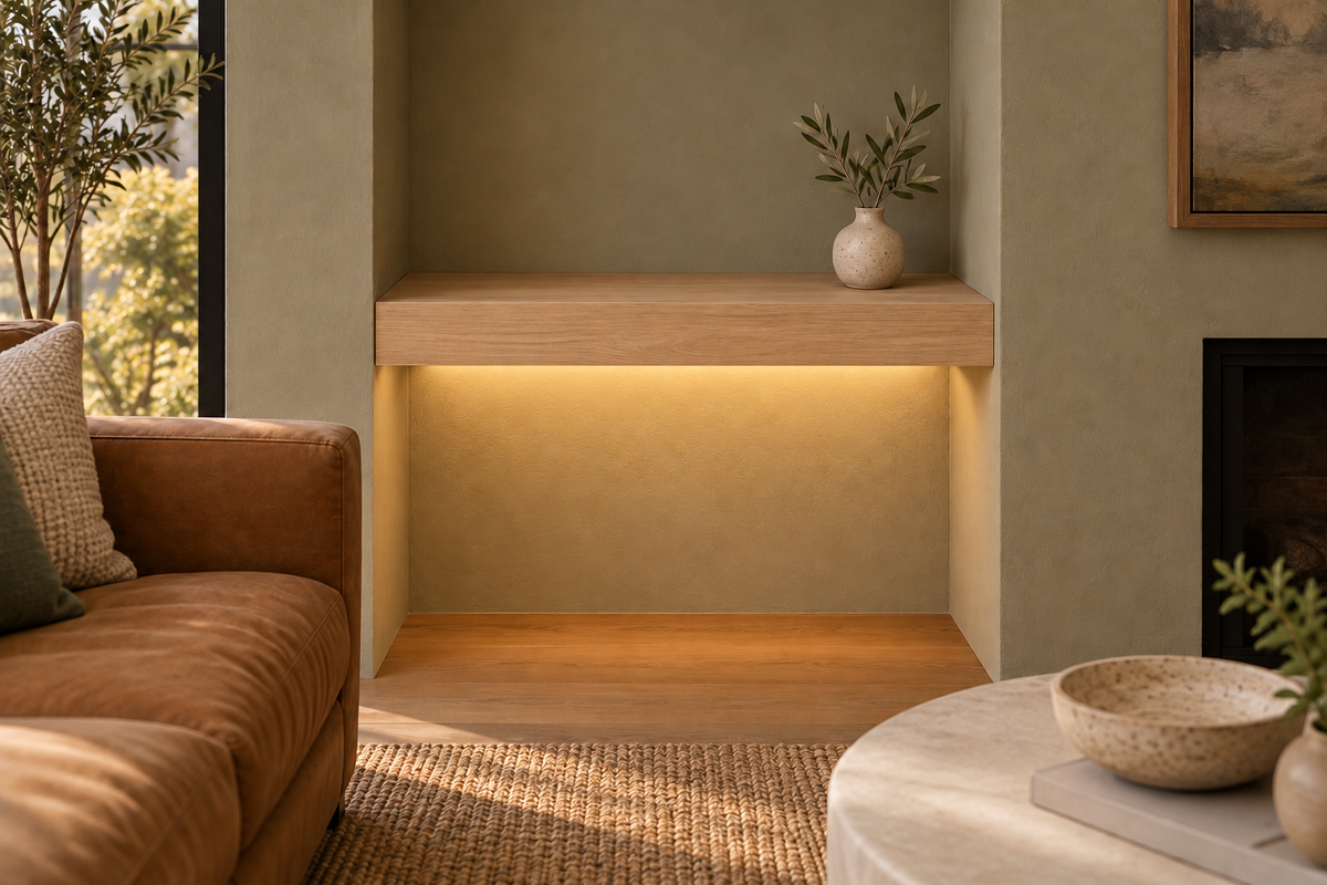 Gentry Stinson Rift White Oak Floating Shelf | 24″ long × 3″ thick | Wall to Wall | Unfinished | LED Light Ready — Bottom Rear LED location, rendering with separately supplied LED tape installed