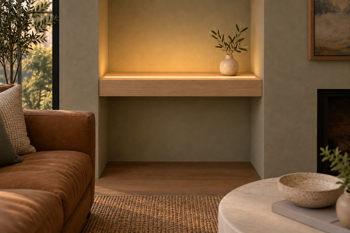 Gentry Stinson Rift White Oak Floating Shelf | 24″ long × 3″ thick | Wall to Wall | Unfinished | LED Light Ready — Top Front LED location, rendering with separately supplied LED tape installed