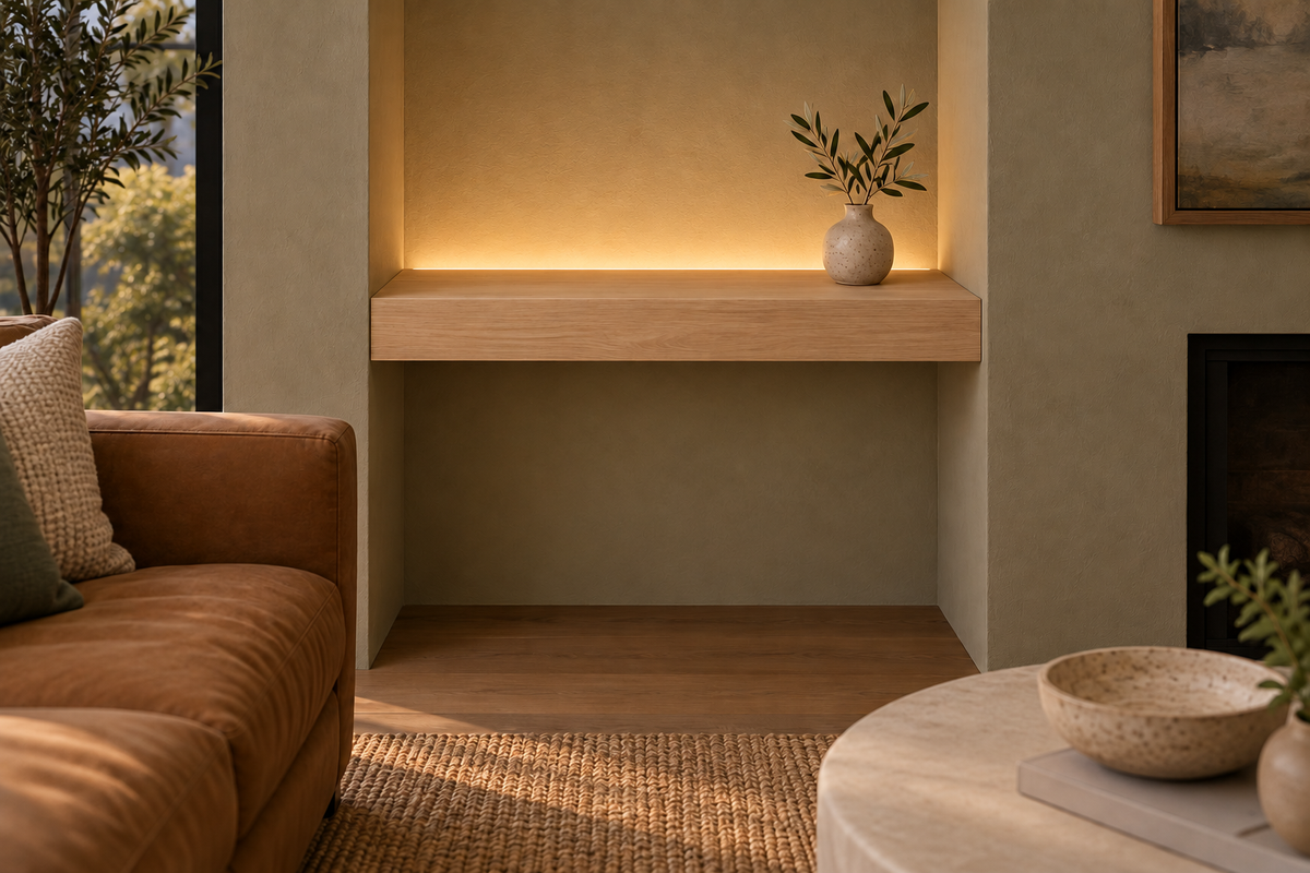 Gentry Stinson Rift White Oak Floating Shelf | 24″ long × 3″ thick | Wall to Wall | Unfinished | LED Light Ready — Top Rear LED location, rendering with separately supplied LED tape installed