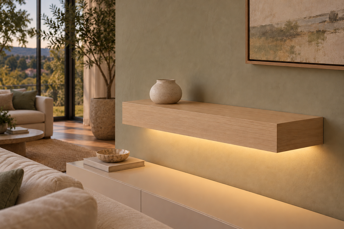 Gentry Stinson Rift White Oak Floating Shelf | 24″ long × 4″ thick | Standard Mount | Unfinished | LED Light Ready — Bottom Rear LED location, rendering with separately supplied LED tape installed