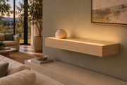 Gentry Stinson Rift White Oak Floating Shelf | 24″ long × 4″ thick | Standard Mount | Unfinished | LED Light Ready — Top Front LED location, rendering with separately supplied LED tape installed