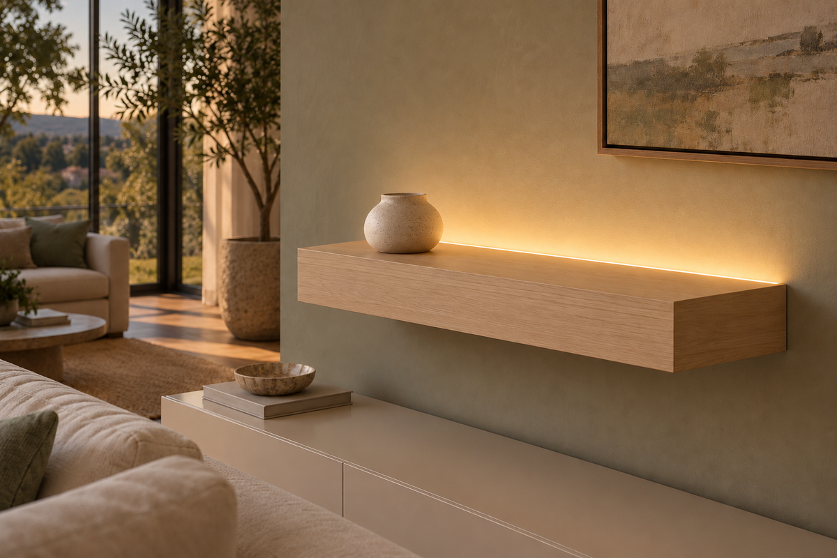 Gentry Stinson Rift White Oak Floating Shelf | 24″ long × 4″ thick | Standard Mount | Unfinished | LED Light Ready — Top Rear LED location, rendering with separately supplied LED tape installed