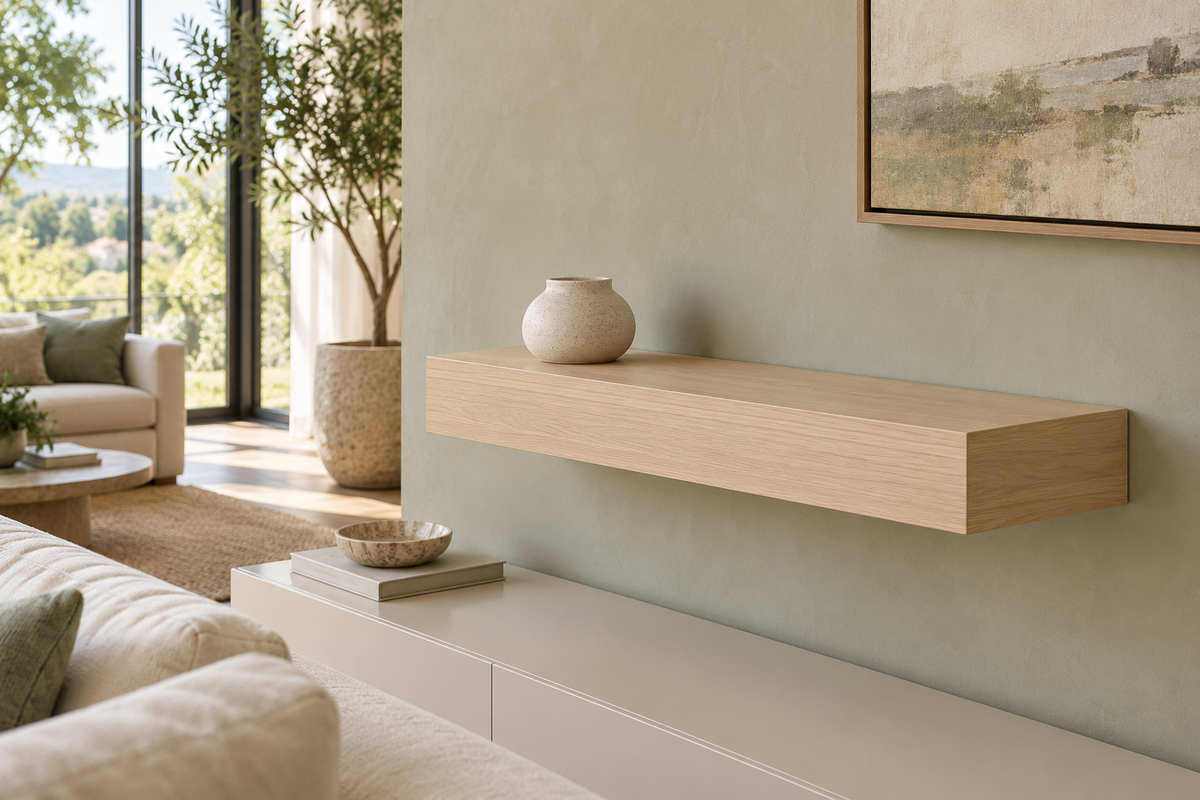 Gentry Stinson Rift White Oak Floating Shelf | 24″ × 10″ × 4″ | Standard Mount | Unfinished — unlit living-room rendering
