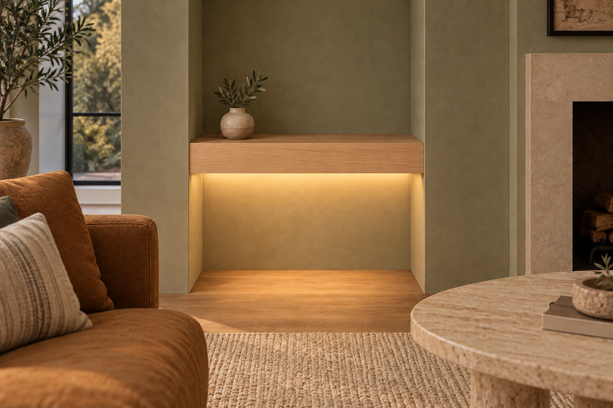 Gentry Stinson Rift White Oak Floating Shelf | 24″ long × 4″ thick | Wall to Wall | Unfinished | LED Light Ready — Bottom Front LED location, rendering with separately supplied LED tape installed