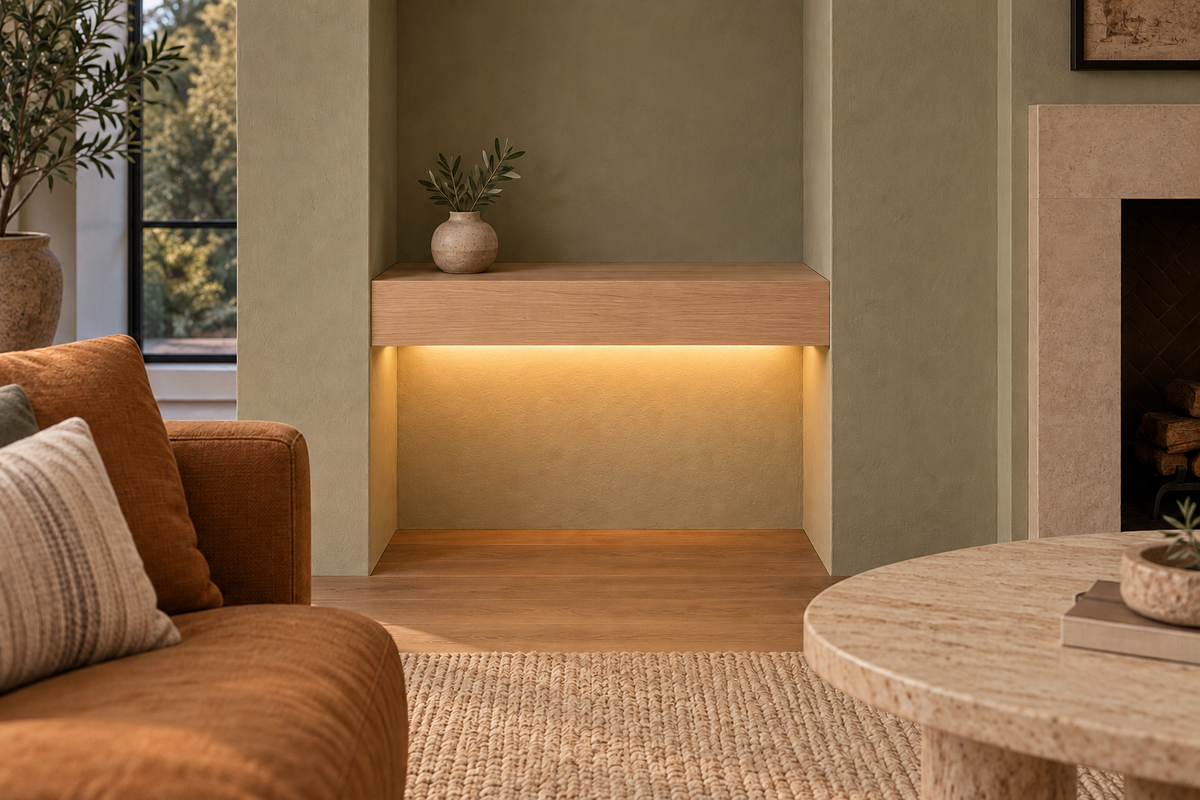 Gentry Stinson Rift White Oak Floating Shelf | 24″ long × 4″ thick | Wall to Wall | Unfinished | LED Light Ready — Bottom Rear LED location, rendering with separately supplied LED tape installed