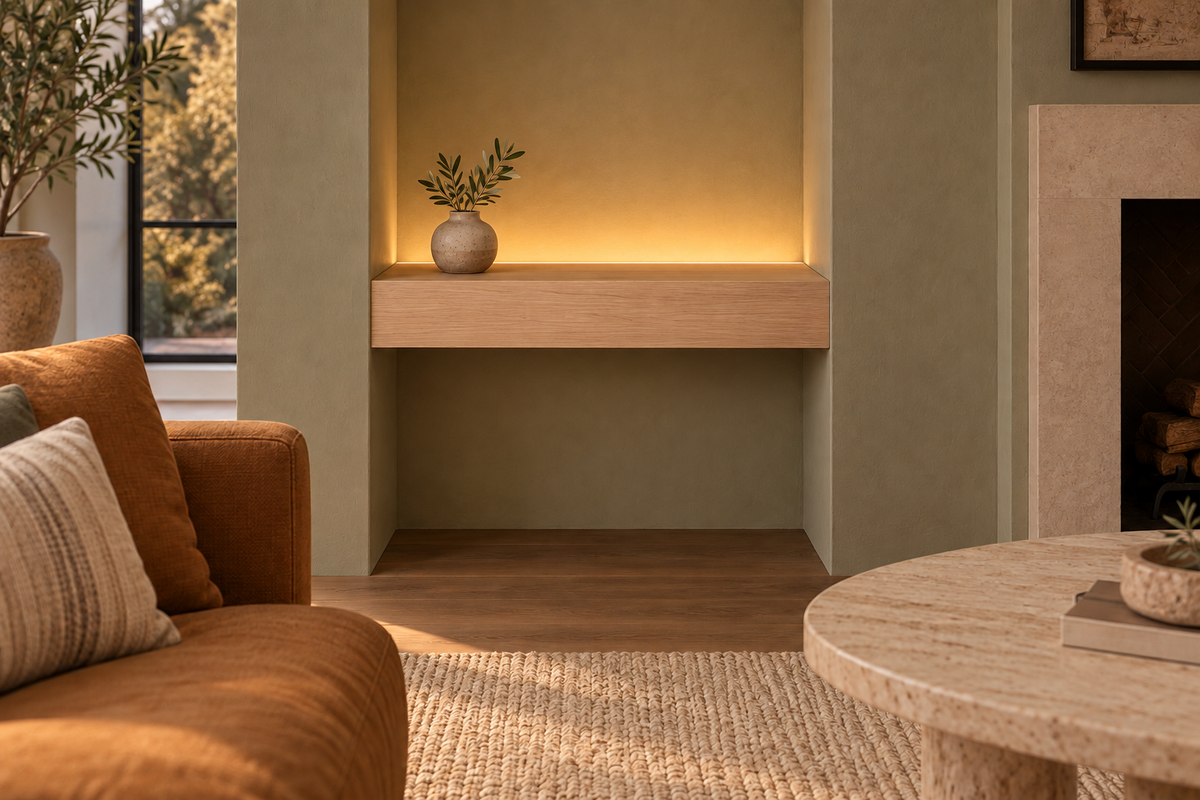 Gentry Stinson Rift White Oak Floating Shelf | 24″ long × 4″ thick | Wall to Wall | Unfinished | LED Light Ready — Top Rear LED location, rendering with separately supplied LED tape installed