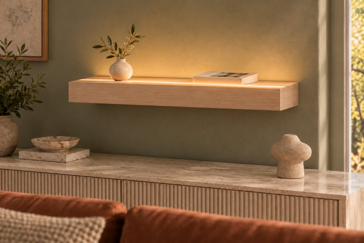 Gentry Stinson Rift White Oak Floating Shelf | 24″ × 8″ × 3″ | Standard Mount | Unfinished | LED Light Ready — Top Front LED location, rendering with separately supplied LED tape installed