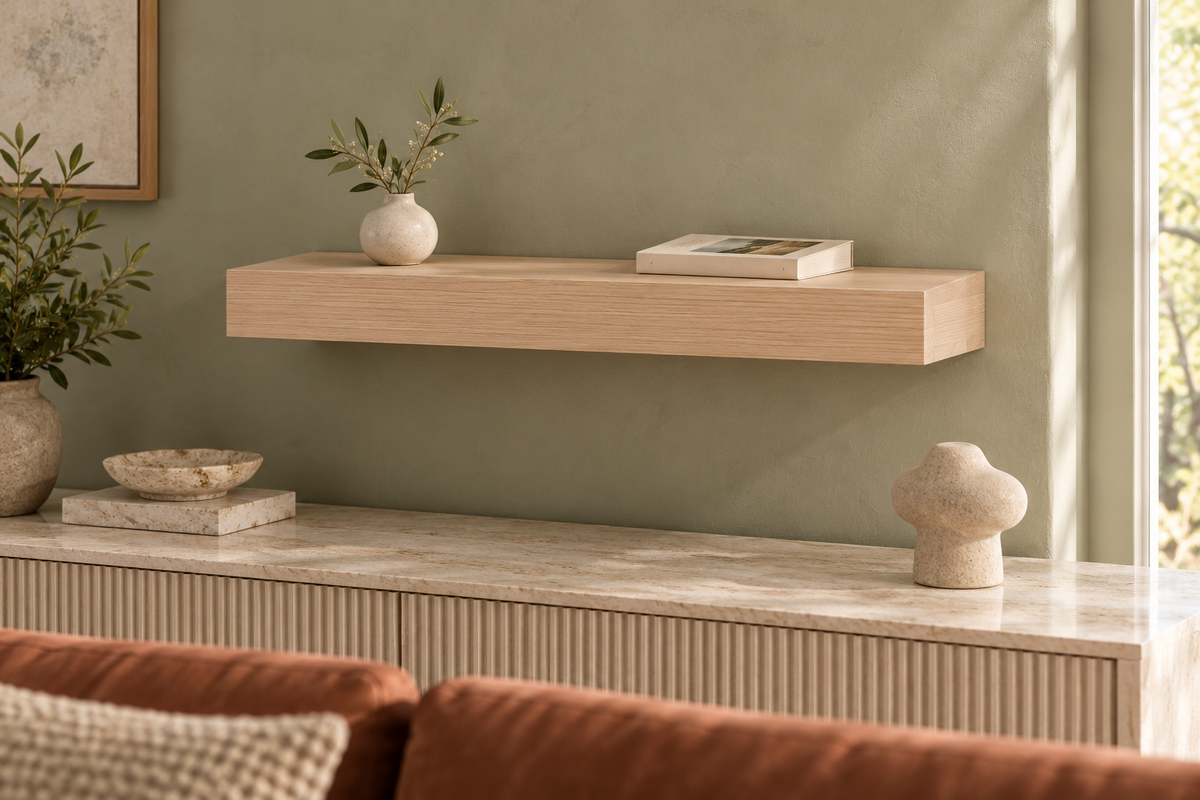 Gentry Stinson Rift White Oak Floating Shelf | 24″ × 8″ × 3″ | Standard Mount | Unfinished — unlit living-room rendering