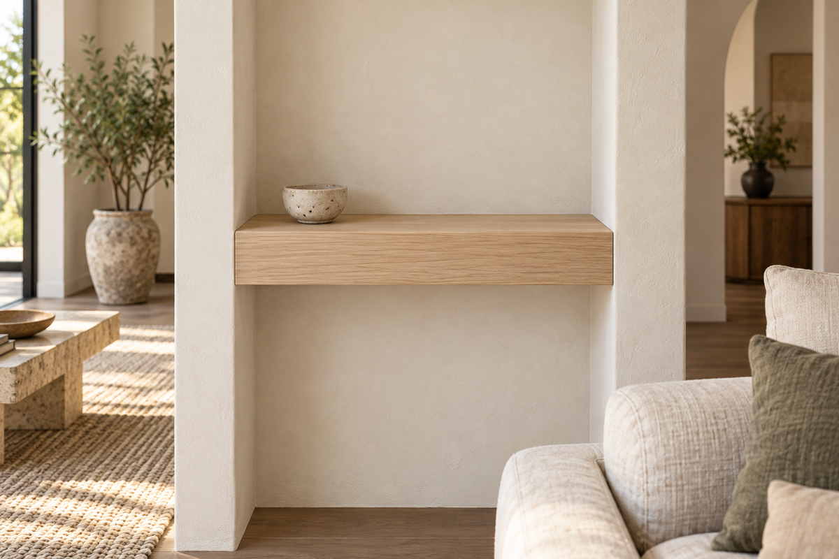 Gentry Stinson Rift White Oak Floating Shelf | 24″ × 8″ × 3″ | Wall to Wall | Unfinished — unlit living-room rendering