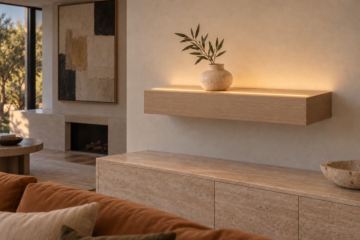 Gentry Stinson Rift White Oak Floating Shelf | 24″ × 8″ × 4″ | Standard Mount | Unfinished | LED Light Ready — Top Front LED location, rendering with separately supplied LED tape installed