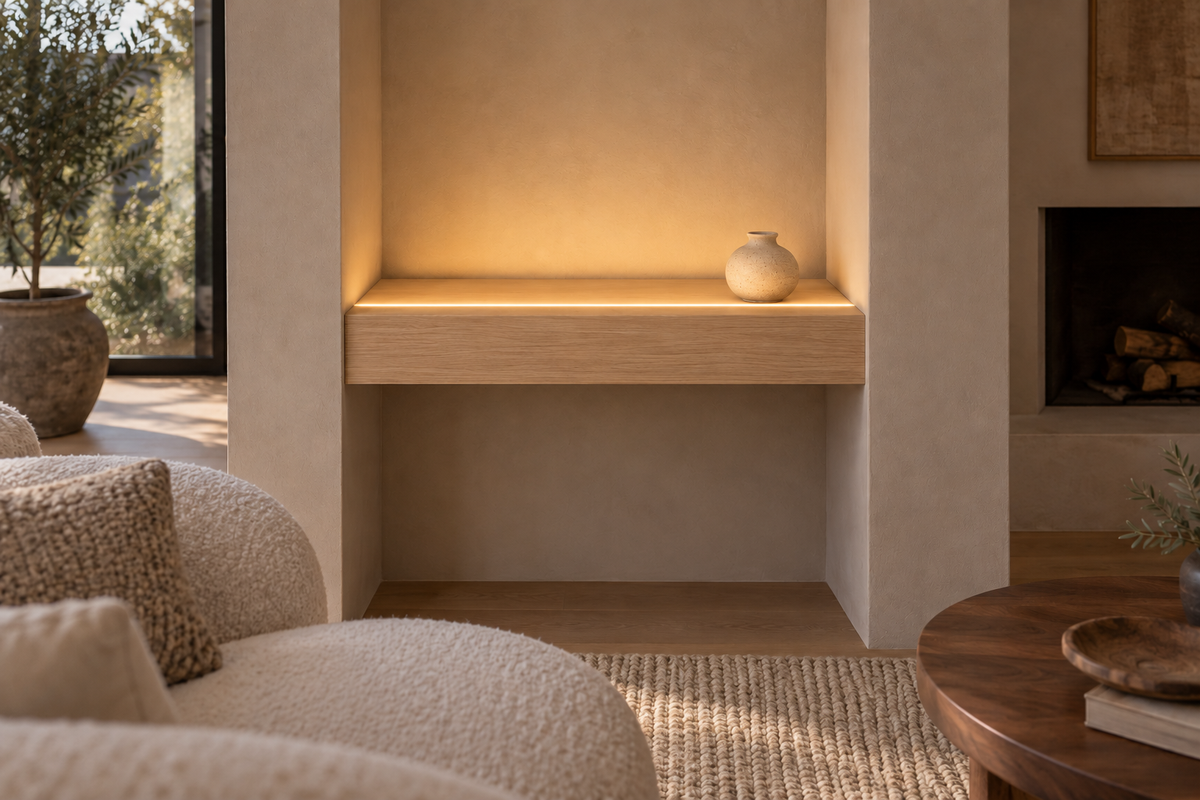 Gentry Stinson Rift White Oak Floating Shelf | 24″ × 8″ × 4″ | Wall to Wall | Unfinished | LED Light Ready — Top Front LED location, rendering with separately supplied LED tape installed