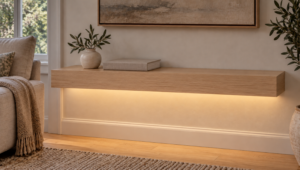 Gentry Stinson Rift White Oak Floating Shelf | 30″ long × 3″ thick | Standard Mount | Unfinished | LED Light Ready — Bottom Front LED location, rendering with separately supplied LED tape installed
