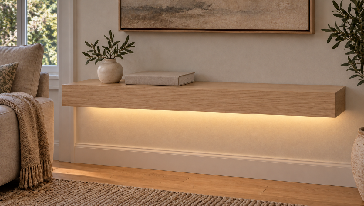 Gentry Stinson Rift White Oak Floating Shelf | 30″ long × 3″ thick | Standard Mount | Unfinished | LED Light Ready — Bottom Rear LED location, rendering with separately supplied LED tape installed