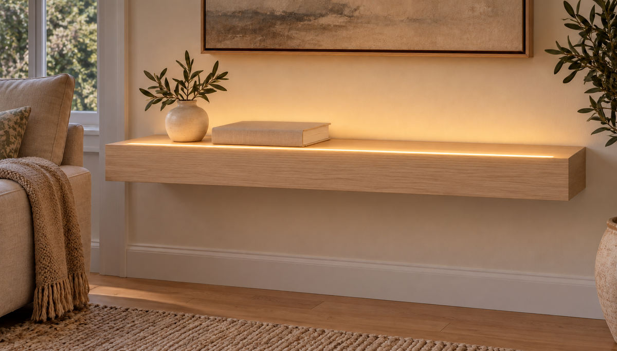 Gentry Stinson Rift White Oak Floating Shelf | 30″ × 10″ × 3″ | Standard Mount | Unfinished | LED Light Ready — Top Front LED location, rendering with separately supplied LED tape installed
