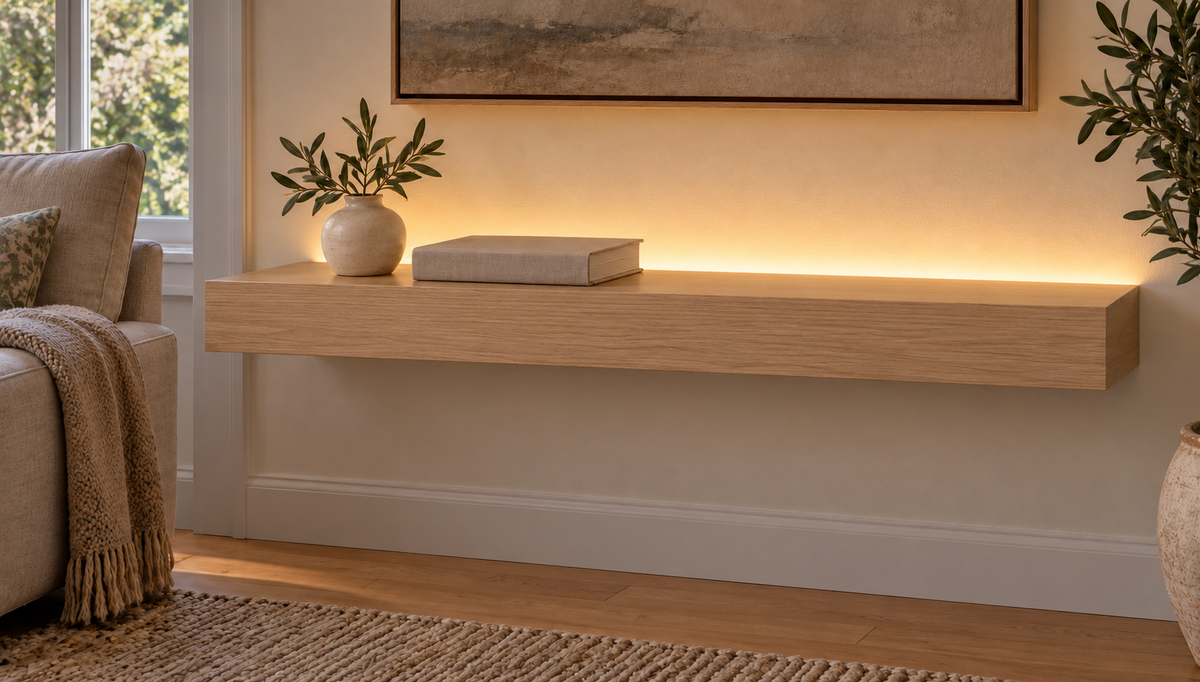 Gentry Stinson Rift White Oak Floating Shelf | 30″ long × 3″ thick | Standard Mount | Unfinished | LED Light Ready — Top Rear LED location, rendering with separately supplied LED tape installed
