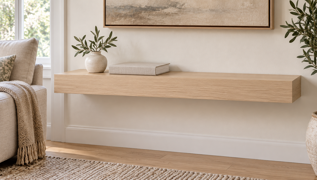 Gentry Stinson Rift White Oak Floating Shelf | 30″ × 10″ × 3″ | Standard Mount | Unfinished — unlit living-room rendering