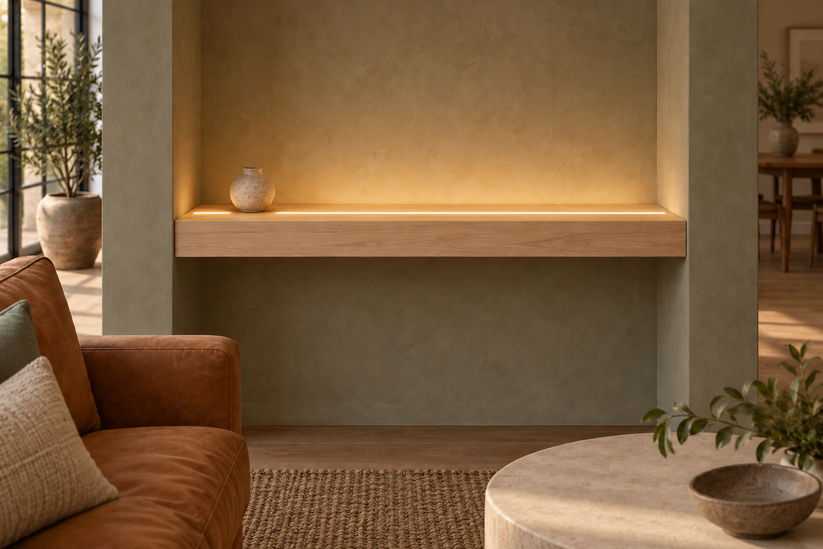 Gentry Stinson Rift White Oak Floating Shelf | 30″ long × 3″ thick | Wall to Wall | Unfinished | LED Light Ready — Top Front LED location, rendering with separately supplied LED tape installed