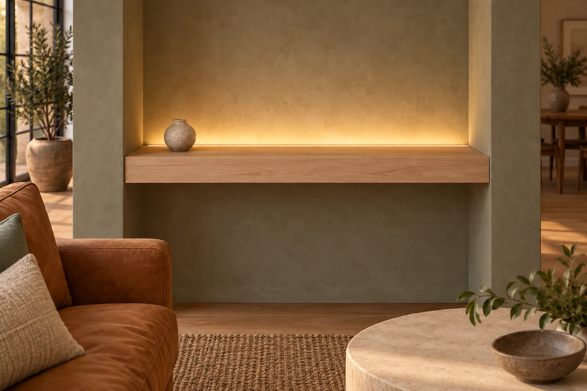 Gentry Stinson Rift White Oak Floating Shelf | 30″ long × 3″ thick | Wall to Wall | Unfinished | LED Light Ready — Top Rear LED location, rendering with separately supplied LED tape installed