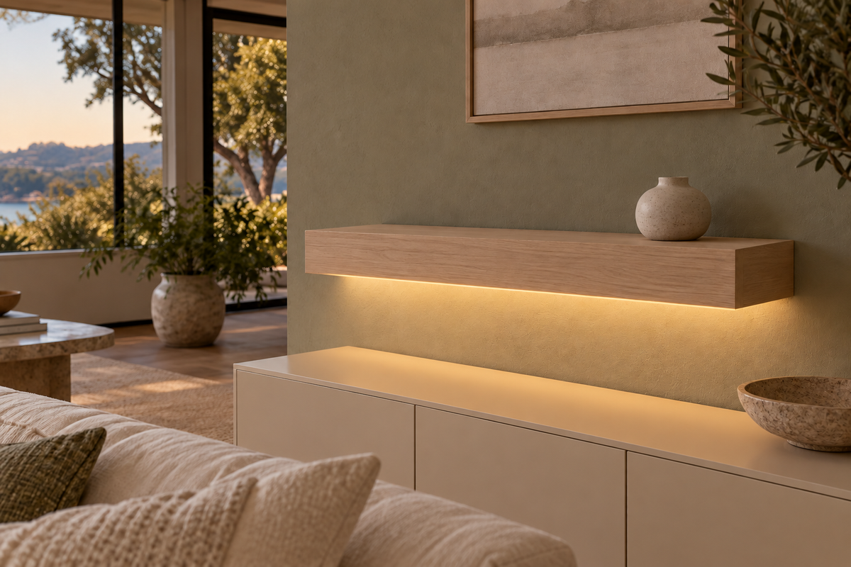 Gentry Stinson Rift White Oak Floating Shelf | 30″ long × 4″ thick | Standard Mount | Unfinished | LED Light Ready — Bottom Front LED location, rendering with separately supplied LED tape installed