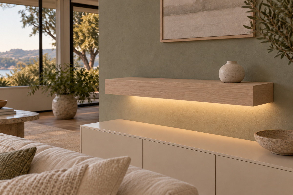 Gentry Stinson Rift White Oak Floating Shelf | 30″ long × 4″ thick | Standard Mount | Unfinished | LED Light Ready — Bottom Rear LED location, rendering with separately supplied LED tape installed