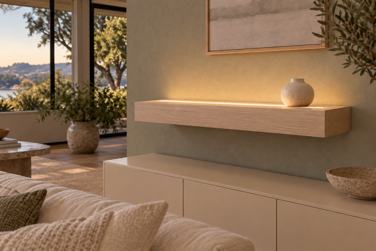 Gentry Stinson Rift White Oak Floating Shelf | 30″ × 10″ × 4″ | Standard Mount | Unfinished | LED Light Ready — Top Front LED location, rendering with separately supplied LED tape installed