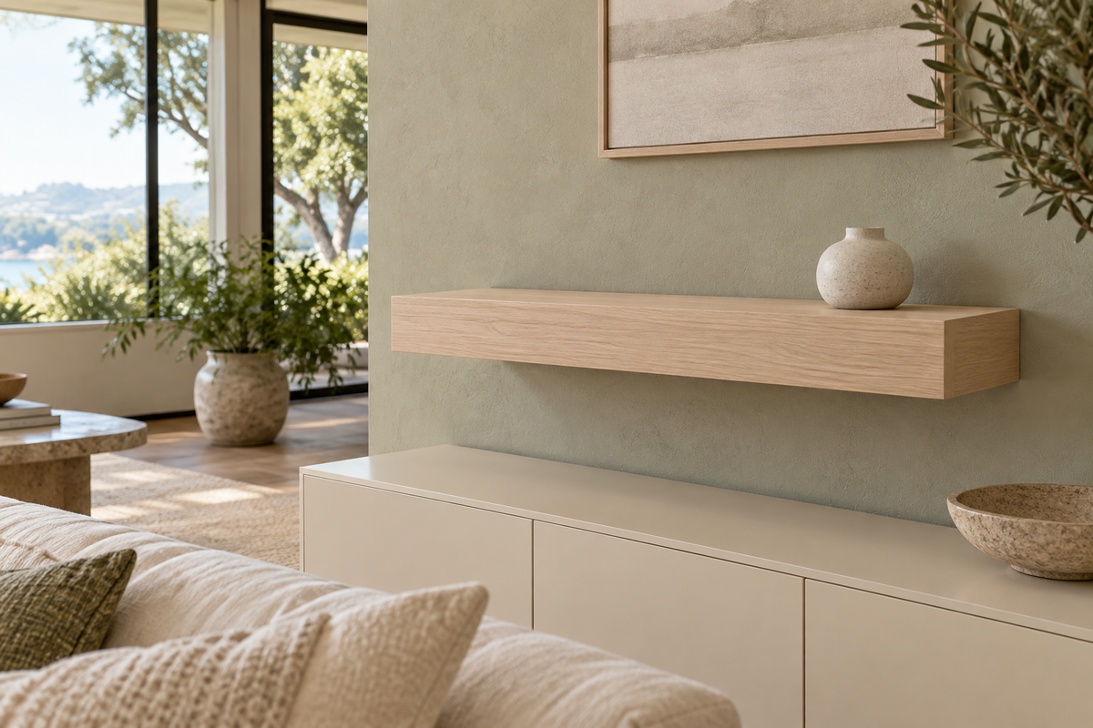 Gentry Stinson Rift White Oak Floating Shelf | 30″ × 10″ × 4″ | Standard Mount | Unfinished — unlit living-room rendering