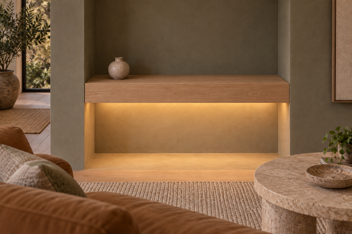 Gentry Stinson Rift White Oak Floating Shelf | 30″ long × 4″ thick | Wall to Wall | Unfinished | LED Light Ready — Bottom Front LED location, rendering with separately supplied LED tape installed