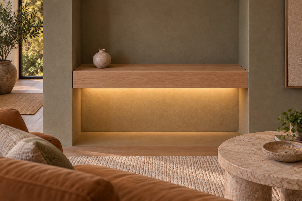 Gentry Stinson Rift White Oak Floating Shelf | 30″ long × 4″ thick | Wall to Wall | Unfinished | LED Light Ready — Bottom Rear LED location, rendering with separately supplied LED tape installed