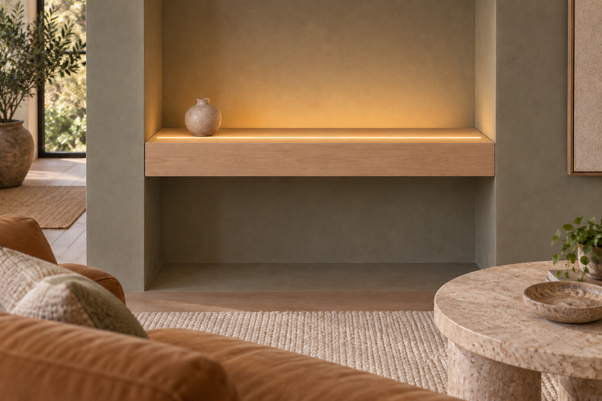 Gentry Stinson Rift White Oak Floating Shelf | 30″ long × 4″ thick | Wall to Wall | Unfinished | LED Light Ready — Top Front LED location, rendering with separately supplied LED tape installed