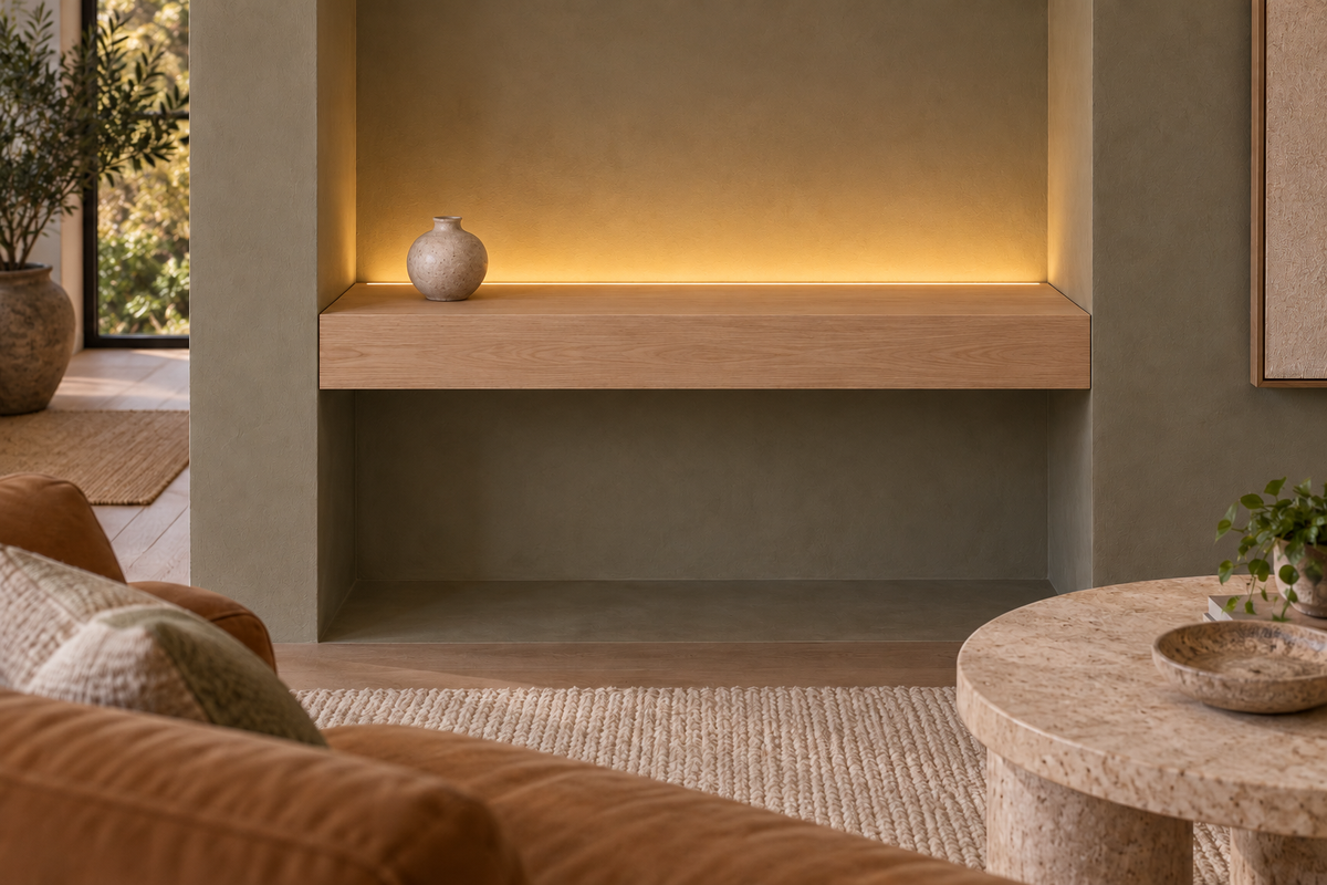 Gentry Stinson Rift White Oak Floating Shelf | 30″ long × 4″ thick | Wall to Wall | Unfinished | LED Light Ready — Top Rear LED location, rendering with separately supplied LED tape installed