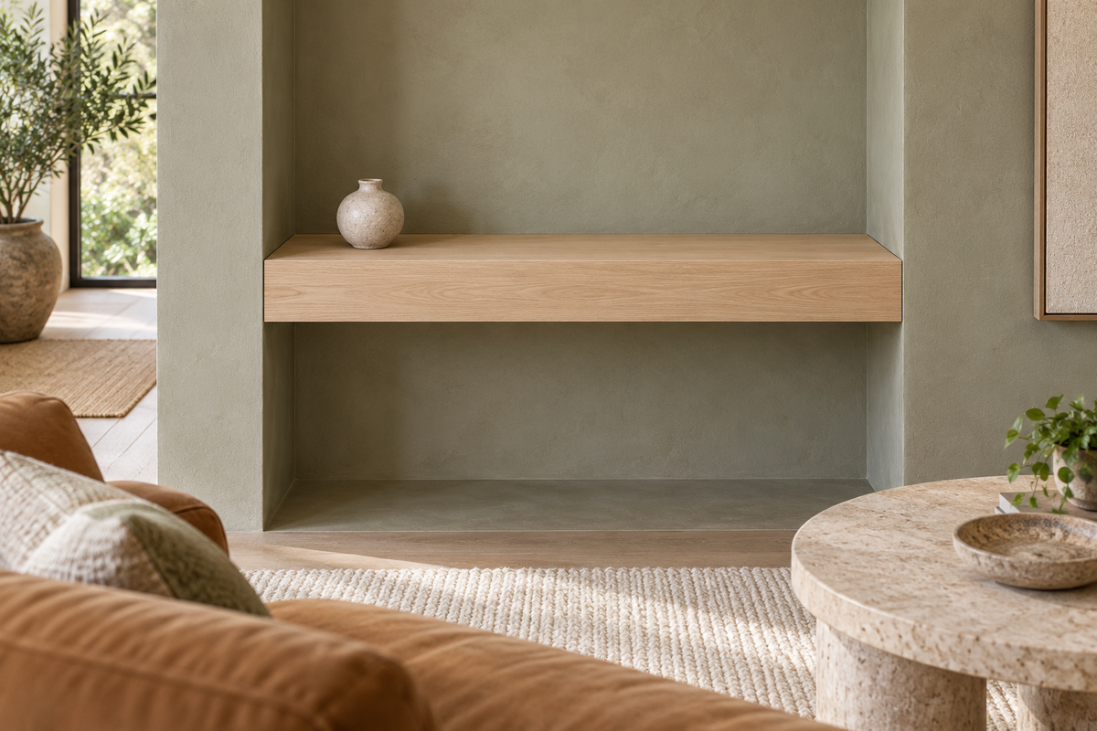 Gentry Stinson Rift White Oak Floating Shelf | 30″ × 10″ × 4″ | Wall to Wall | Unfinished — unlit living-room rendering