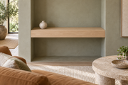 Gentry Stinson Rift White Oak Floating Shelf | 30″ × 10″ × 4″ | Wall to Wall | Unfinished — unlit living-room rendering