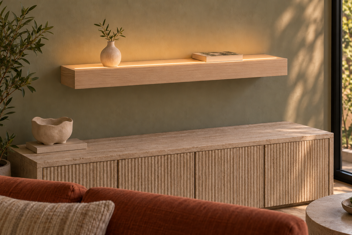 Gentry Stinson Rift White Oak Floating Shelf | 30″ × 8″ × 3″ | Standard Mount | Unfinished | LED Light Ready — Top Front LED location, rendering with separately supplied LED tape installed
