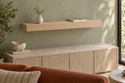 Gentry Stinson Rift White Oak Floating Shelf | 30″ × 8″ × 3″ | Standard Mount | Unfinished — unlit living-room rendering