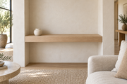 Gentry Stinson Rift White Oak Floating Shelf | 30″ × 8″ × 3″ | Wall to Wall | Unfinished — unlit living-room rendering