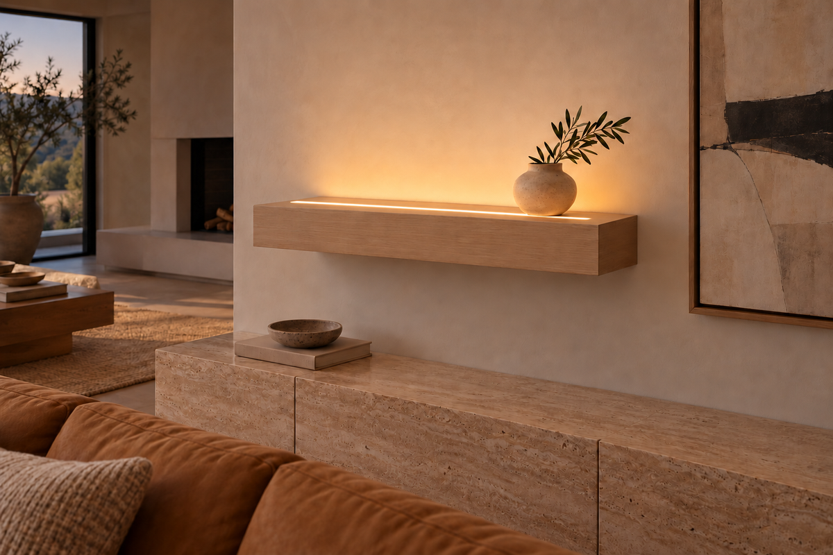 Gentry Stinson Rift White Oak Floating Shelf | 30″ × 8″ × 4″ | Standard Mount | Unfinished | LED Light Ready — Top Front LED location, rendering with separately supplied LED tape installed