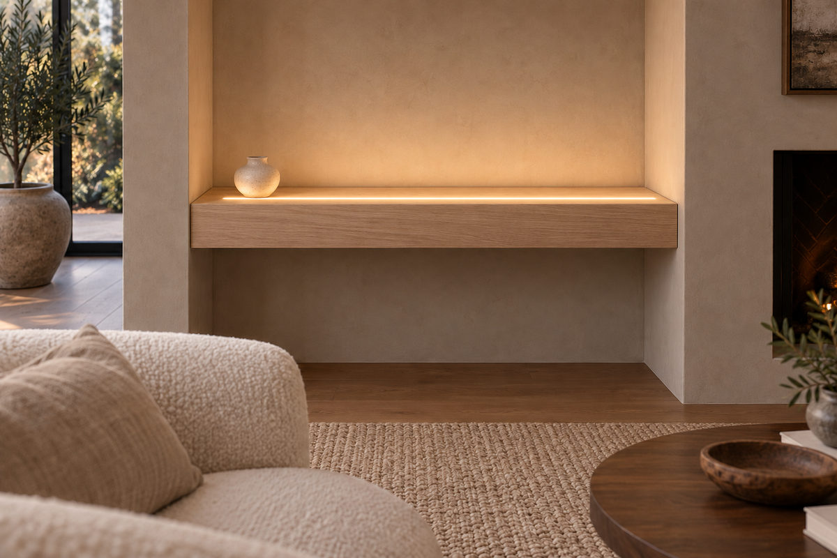 Gentry Stinson Rift White Oak Floating Shelf | 30″ × 8″ × 4″ | Wall to Wall | Unfinished | LED Light Ready — Top Front LED location, rendering with separately supplied LED tape installed