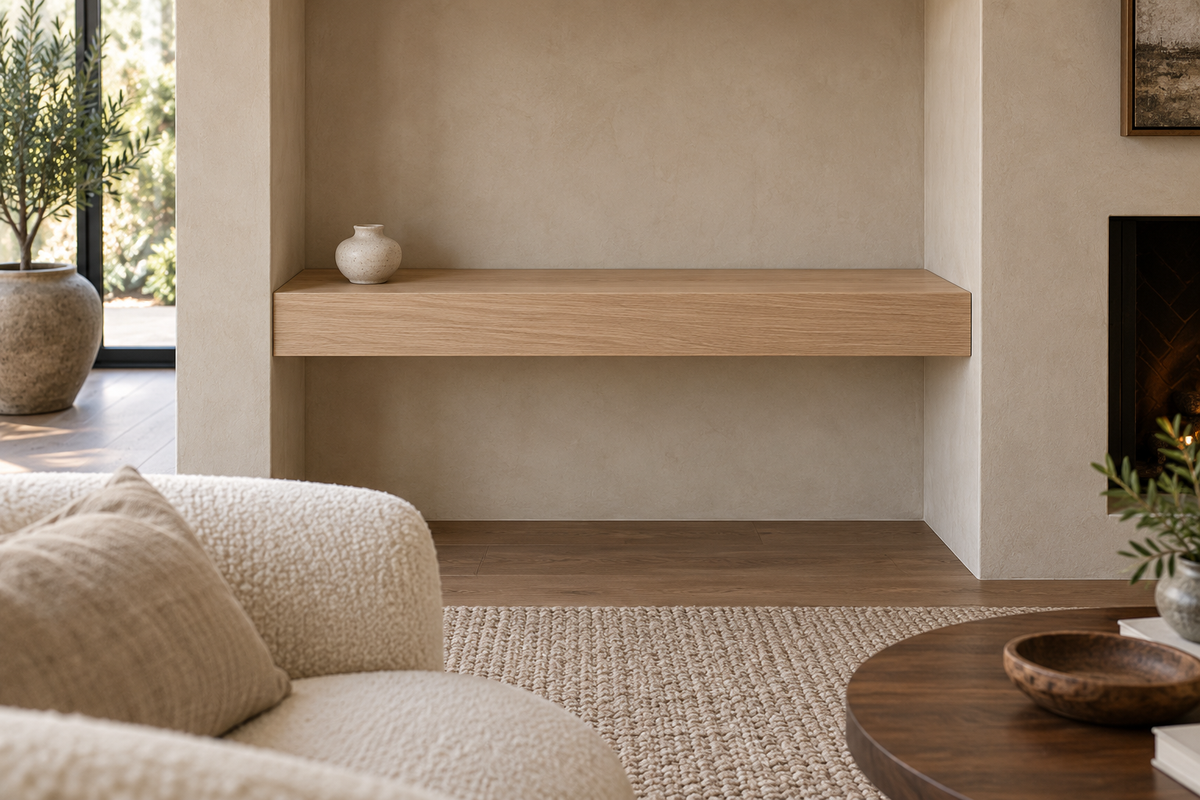 Gentry Stinson Rift White Oak Floating Shelf | 30″ × 8″ × 4″ | Wall to Wall | Unfinished — unlit living-room rendering