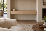 Gentry Stinson Rift White Oak Floating Shelf | 30″ × 8″ × 4″ | Wall to Wall | Unfinished — unlit living-room rendering